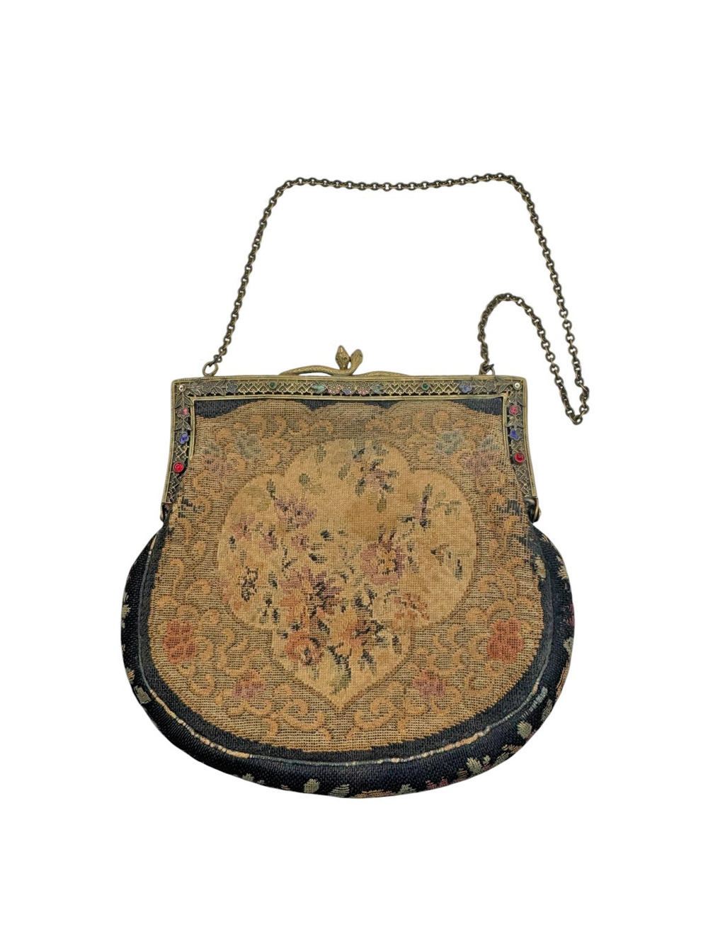 Antique 1920s Jeweled Enamel Frame Tapestry Evening Purse with Snake Clasp